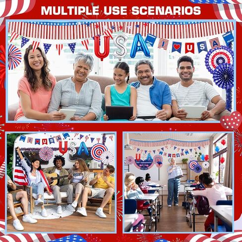 MiniInflat 4th of July Golf Cart Decorations Kit Patriotic Parade Decor with Pleated Fan Flag Foil Fringe Garland Paper Fans Small Flags for 250th Anniversary Independence Day in Kuwait