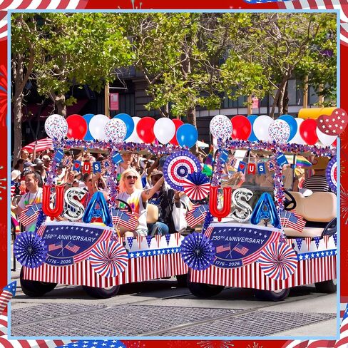 MiniInflat 4th of July Golf Cart Decorations Kit Patriotic Parade Decor with Pleated Fan Flag Foil Fringe Garland Paper Fans Small Flags for 250th Anniversary Independence Day in Kuwait