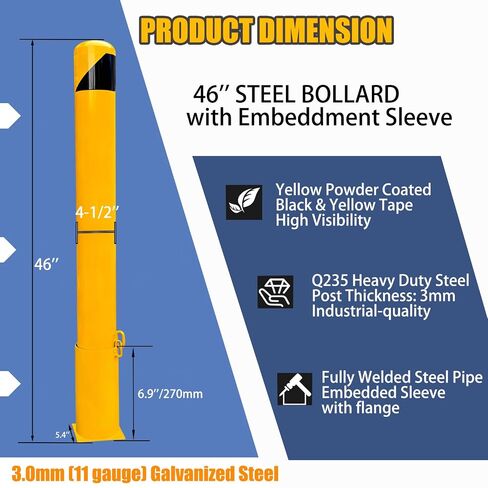 46" Removable Steel Safety Bollard Post with embedding Sleeve | 4-1/2" OD, Yellow Powder Coat | Heavy-Duty Traffic Control for Parking Lots, Driveways | High-Visibility Metal Barrier in Kuwait
