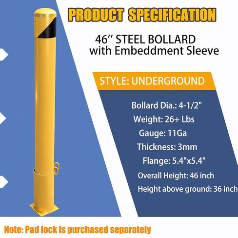 46" Removable Steel Safety Bollard Post with embedding Sleeve | 4-1/2" OD, Yellow Powder Coat | Heavy-Duty Traffic Control for Parking Lots, Driveways | High-Visibility Metal Barrier in Kuwait