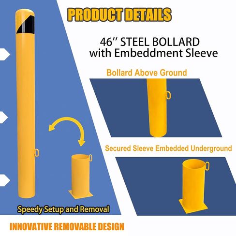 46" Removable Steel Safety Bollard Post with embedding Sleeve | 4-1/2" OD, Yellow Powder Coat | Heavy-Duty Traffic Control for Parking Lots, Driveways | High-Visibility Metal Barrier in Kuwait