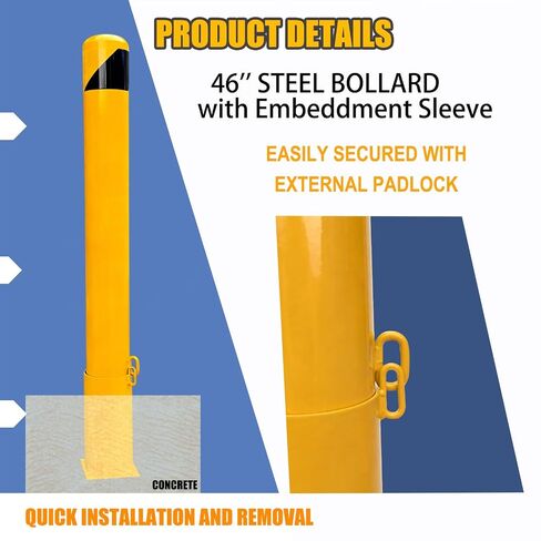 46" Removable Steel Safety Bollard Post with embedding Sleeve | 4-1/2" OD, Yellow Powder Coat | Heavy-Duty Traffic Control for Parking Lots, Driveways | High-Visibility Metal Barrier in Kuwait