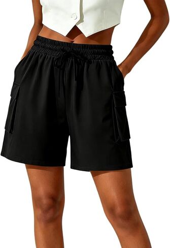 Womens Hiking Cargo Shorts Quick Dry Elastic High Waist Drawstring Athletic Outdoor Summer Loose Shorts with Pocket in Kuwait