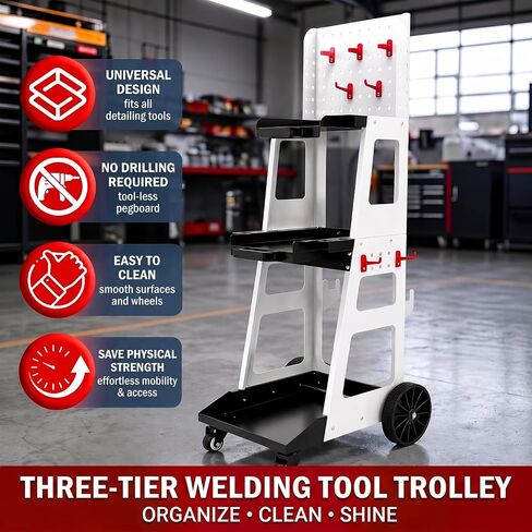 Welding Cart, 3-Tier Tool Cart with Wheels with Side Hangers, a Backboard, and Hooks, Mechanic Equipment Tool Storage Organizer, Suitable for Mobile Operations in Kuwait