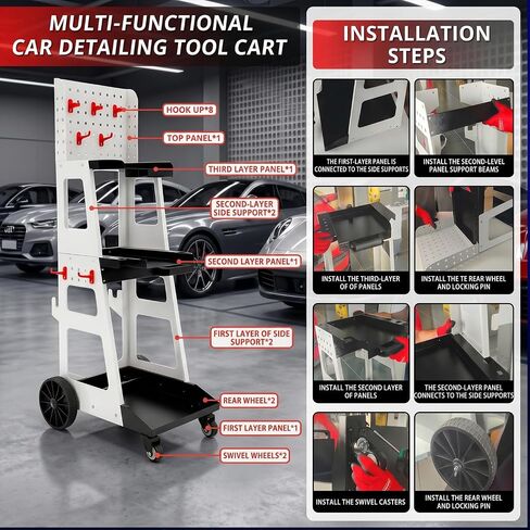 Welding Cart, 3-Tier Tool Cart with Wheels with Side Hangers, a Backboard, and Hooks, Mechanic Equipment Tool Storage Organizer, Suitable for Mobile Operations in Kuwait