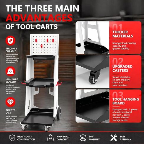 Welding Cart, 3-Tier Tool Cart with Wheels with Side Hangers, a Backboard, and Hooks, Mechanic Equipment Tool Storage Organizer, Suitable for Mobile Operations in Kuwait