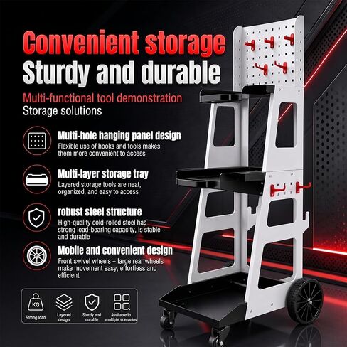 Welding Cart, 3-Tier Tool Cart with Wheels with Side Hangers, a Backboard, and Hooks, Mechanic Equipment Tool Storage Organizer, Suitable for Mobile Operations in Kuwait