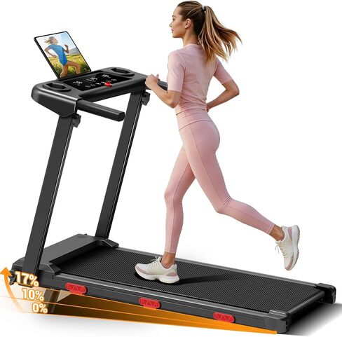 17% Incline Folding Treadmill for Home, 3.0HP Quiet Walking Pad with Handlebars, 350 LBS Capacity Compact Running Machine with 3 LED Displays and Shock Absorbers for Small Spaces in Kuwait