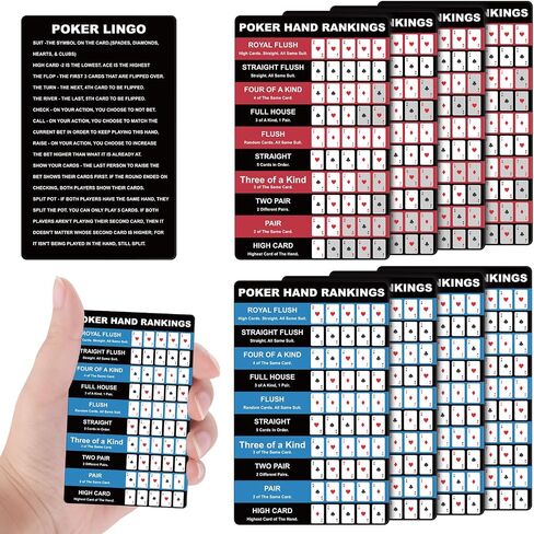 Booson 8Pcs Poker Hand Rankings Chart Rules Plastic Cheat Sheet Cards Reusable Hands Ranking Guide Card for Beginners Texas Hold Game Table Accessories in Kuwait