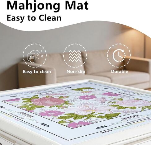 Mahjong Mat - Non-Slip Noise Reduction Gaming Mat for American Mahjong，Anti-Scratch Table Protector with Storage Bag (Vintage Floral Pink, 31.5"x31.5") in Kuwait