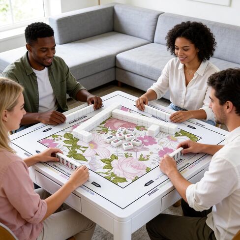 Mahjong Mat - Non-Slip Noise Reduction Gaming Mat for American Mahjong，Anti-Scratch Table Protector with Storage Bag (Vintage Floral Pink, 31.5"x31.5") in Kuwait