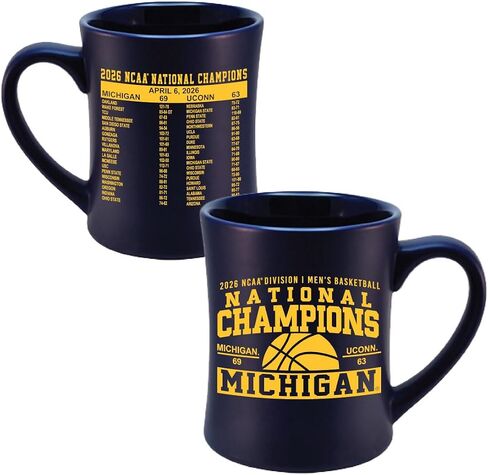 Michigan Wolverines 2026 NCAA Basketball National Champions Sculpted Ceramic Mug with Championship Front and Scoreboard Back Graphic, Blue Team Color, Officially Licensed, 16 oz in Kuwait