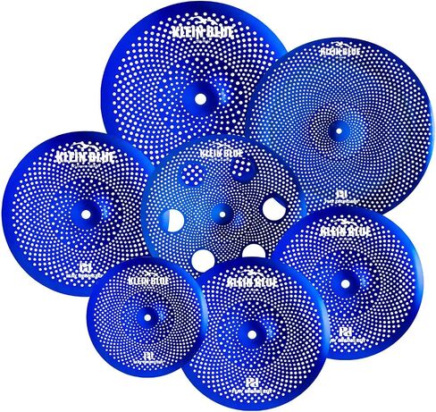 7-Piece Low-Volume Silent Cymbal Set – Blue. Includes 10″ Splash, pair of 14″ Hi-Hats, 16″ Crash, 16″ Trash Crash, 18″ China, and 20″ Ride. Noise practice and studio use-Factory Direct. in Kuwait