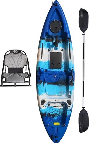 Brooklyn 9.2 Sit-On-Top Single Fishing Kayak من BKC، قوارب الكاياك المنفردة خفيفة الوزن مع فتحات جافة وحوامل قضبان وقضبان ملحقة للبحيرات والأنهار (مقعد مستقيم أو مقعد من إسفنج الذاكرة) in Kuwait
