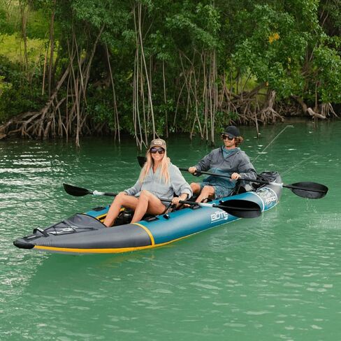 BOTE Argo Aero Tandem Inflatable Fishing Kayak for 2 Adults with 2 Frame Seats Universal Mounting Plates for Rod Holders & Fish Finders 15 ft Stable Angler Kayak 750 lb Capacity Portable Fishing Kayak in Kuwait