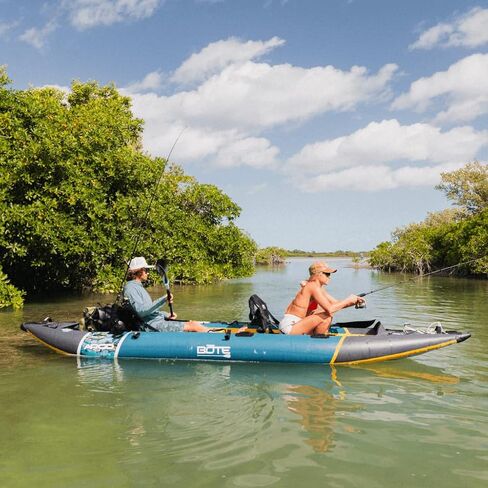 BOTE Argo Aero Tandem Inflatable Fishing Kayak for 2 Adults with 2 Frame Seats Universal Mounting Plates for Rod Holders & Fish Finders 15 ft Stable Angler Kayak 750 lb Capacity Portable Fishing Kayak in Kuwait