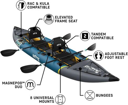 BOTE Argo Aero Tandem Inflatable Fishing Kayak for 2 Adults with 2 Frame Seats Universal Mounting Plates for Rod Holders & Fish Finders 15 ft Stable Angler Kayak 750 lb Capacity Portable Fishing Kayak in Kuwait