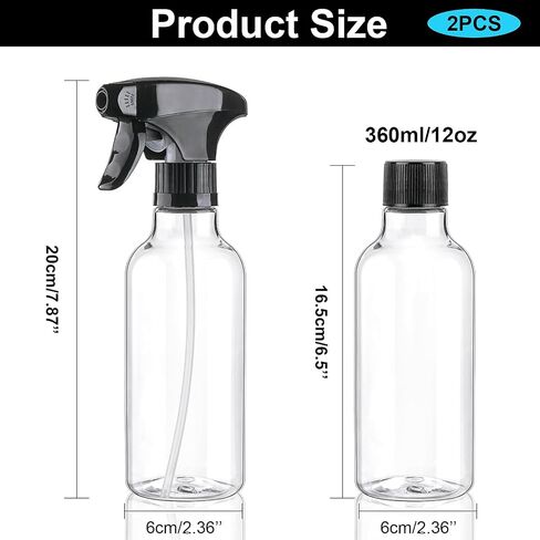 Cosywell 12oz/360ml 2 عبوة من زجاجات رذاذ بلاستيكية زجاجات رذاذ فارغة لتنظيف زجاجة رذاذ التغشية المستمرة للشعر والزيوت العطرية ومستحضرات التجميل وماء الورد (شفاف) in Kuwait