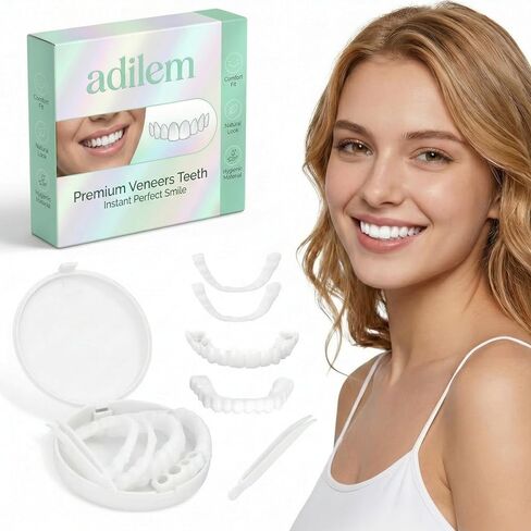 Temporary Dentures & Cosmetic Teeth Covers, Comfort Fit Snap-On Smile Veneers for Men and Women, Ultra-Thin Natural Looking Restoration Kit to Cover Gapped, Chipped or Yellowish Teeth in Kuwait