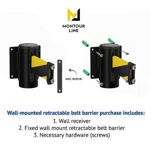 حاجز حزام قابل للسحب مثبت على الحائط من Montour Line WM115 مع نهاية حزام مغناطيسي، حامل ثابت، غلاف أسود (11 قدم أصفر مع "تحذير - لا تدخل" حزام بأحرف سوداء) in Kuwait