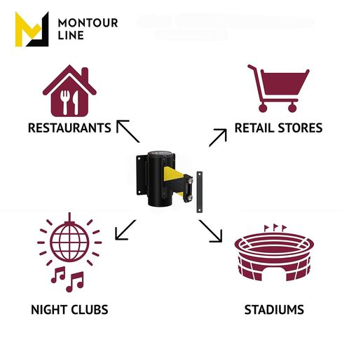 حاجز حزام قابل للسحب مثبت على الحائط من Montour Line WM115 مع نهاية حزام مغناطيسي، حامل ثابت، غلاف أسود (11 قدم أصفر مع "تحذير - لا تدخل" حزام بأحرف سوداء) in Kuwait