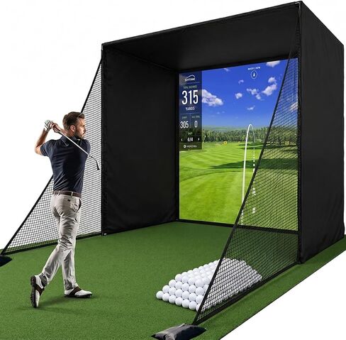 Golf Simulator Enclosure Cage, with HD Impact Projection Screen, Dual Shank Nets & Foam Padding Poles, 8.4x8.4 Steel Frame Golf Net for Garage, Basement, Home Room, Golfers, Beginners & Family Use in Kuwait