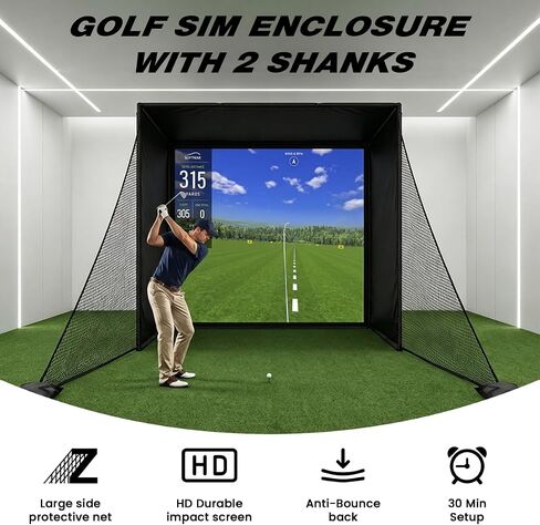 Golf Simulator Enclosure Cage, with HD Impact Projection Screen, Dual Shank Nets & Foam Padding Poles, 8.4x8.4 Steel Frame Golf Net for Garage, Basement, Home Room, Golfers, Beginners & Family Use in Kuwait