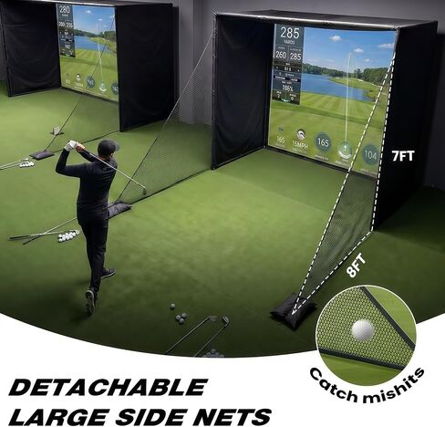 Golf Simulator Enclosure Cage, with HD Impact Projection Screen, Dual Shank Nets & Foam Padding Poles, 8.4x8.4 Steel Frame Golf Net for Garage, Basement, Home Room, Golfers, Beginners & Family Use in Kuwait