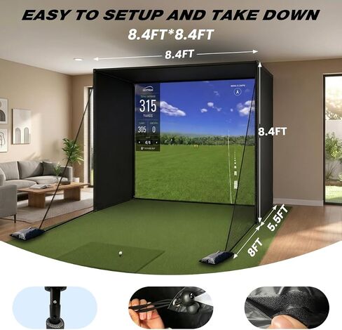 Golf Simulator Enclosure Cage, with HD Impact Projection Screen, Dual Shank Nets & Foam Padding Poles, 8.4x8.4 Steel Frame Golf Net for Garage, Basement, Home Room, Golfers, Beginners & Family Use in Kuwait