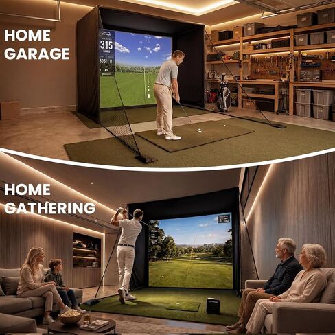 Golf Simulator Enclosure Cage, with HD Impact Projection Screen, Dual Shank Nets & Foam Padding Poles, 8.4x8.4 Steel Frame Golf Net for Garage, Basement, Home Room, Golfers, Beginners & Family Use in Kuwait