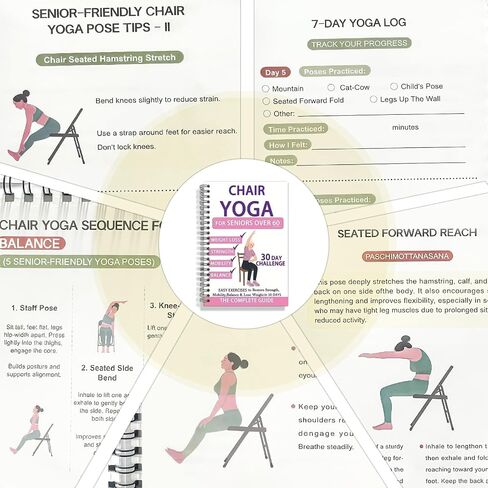 Chair Yoga for Seniors Over 60 Book & Chart, 30-Day Challenge for Flexibility & Balance, Gentle Seated Yoga Guide, Senior Chair Exercises for Women & Men, Spiral Bound Senior Exercise Book in Kuwait