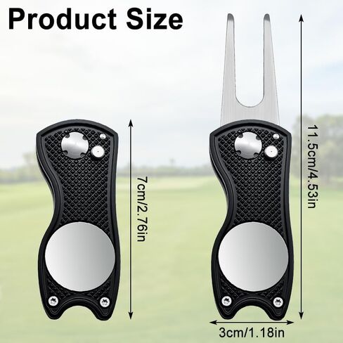 Golf Divot Repair Tool, 1 Pack, Black Metal Foldable Golf Repair Kit with Magnetic Putt Alignment Ball Marker & Pop-up Button Ball Marker, Stainless Steel Ball Marker Switchblade for Golfers in Kuwait