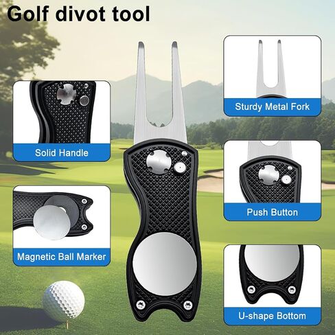 Golf Divot Repair Tool, 1 Pack, Black Metal Foldable Golf Repair Kit with Magnetic Putt Alignment Ball Marker & Pop-up Button Ball Marker, Stainless Steel Ball Marker Switchblade for Golfers in Kuwait