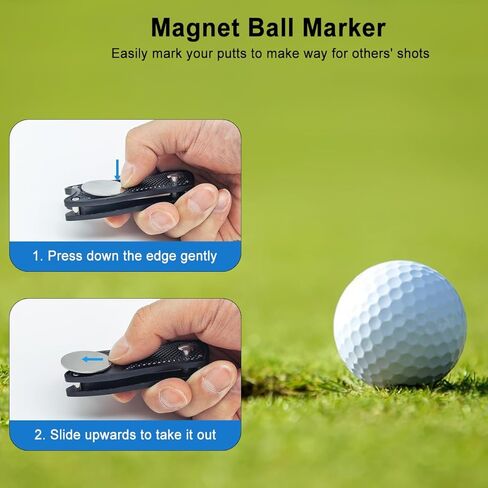 Golf Divot Repair Tool, 1 Pack, Black Metal Foldable Golf Repair Kit with Magnetic Putt Alignment Ball Marker & Pop-up Button Ball Marker, Stainless Steel Ball Marker Switchblade for Golfers in Kuwait