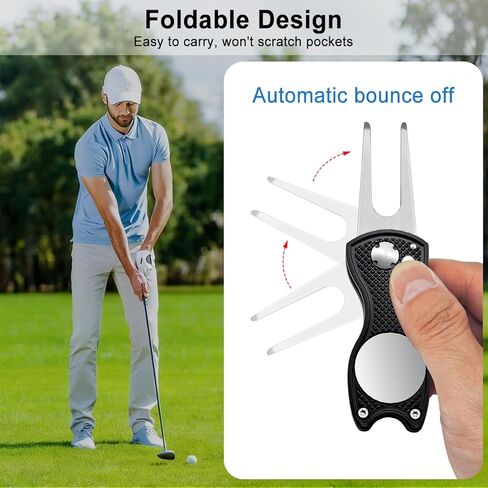 Golf Divot Repair Tool, 1 Pack, Black Metal Foldable Golf Repair Kit with Magnetic Putt Alignment Ball Marker & Pop-up Button Ball Marker, Stainless Steel Ball Marker Switchblade for Golfers in Kuwait