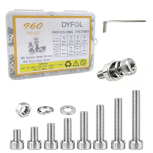 960PCS M3 Screws Assortment Kit, M3x6/8/10/12/16/20/25/30 mm Hex Socket Head Bolts, Nuts & Washers Assorted Set - 304 Stainless Steel M3 Screw for 3D Printer,DIY(960, M3) in Kuwait