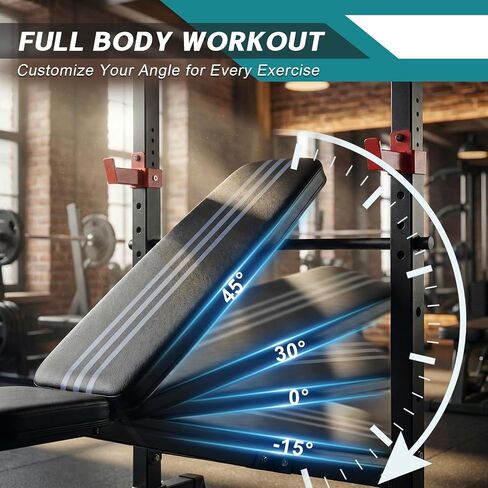 OLIXIS Adjustable Weight Bench Set with Rack, 650 LBS Foldable Bench Press | Heavy-Duty Easy Assembly Strength Training Workout Set with Leg Extension Curl, for Garage, Home, Gym in Kuwait