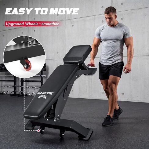 JELENS WB02 Adjustable Weight Bench for Home Gym, 660LBS Flat/Incline Workout Bench Press with Fast Adjustment, Thick Cushion, Silent Wheels for Strength Training in Kuwait