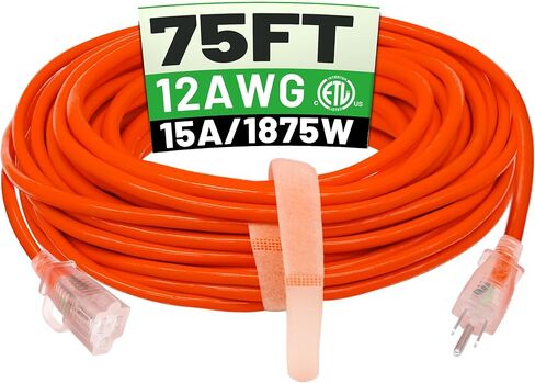 POWGRN 100 ft 12/3 Outdoor Extension Cord Waterproof Heavy Duty with Lighted Indicator End 12 Gauge 3 Prong, Flexible Cold-Resistant Long Power Cord Outside, 15Amp 1875W SJTW Yellow ETL Listed in Kuwait
