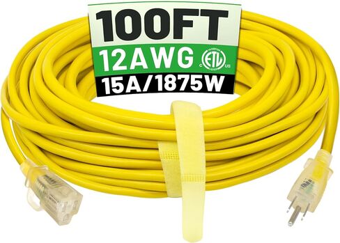 POWGRN 100 قدم 12/3 سلك تمديد خارجي مقاوم للماء شديد التحمل مع نهاية مؤشر مضاء 12 مقياس 3 شوك، سلك طاقة طويل مرن مقاوم للبرد في الخارج، 15 أمبير 1875 وات SJTW أصفر ETL مدرج in Saudi Arabia