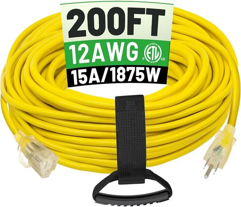 POWGRN 100 قدم 12/3 سلك تمديد خارجي مقاوم للماء شديد التحمل مع نهاية مؤشر مضاء 12 مقياس 3 شوك، سلك طاقة طويل مرن مقاوم للبرد في الخارج، 15 أمبير 1875 وات SJTW أصفر ETL مدرج in Saudi Arabia