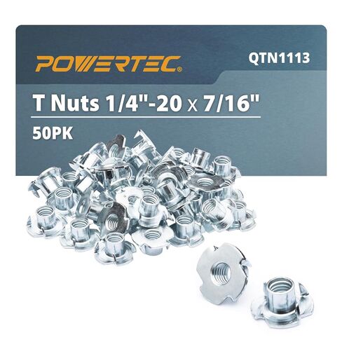 صواميل POWERTEC 1/4"-20 T 50 قطعة، 4 صواميل ذات شوكات للمسامير وعجلات العجلات الجذعية، وإدراج ملولبة لأعمال الخشب، وحوامل تسلق الصخور والأثاث، للاستخدام مع المطرقة | طول 7/16 بوصة (QTN1113) in Kuwait