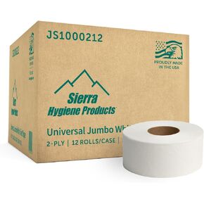 لفافات ورق تواليت ضخمة من Sierra Hygiene مكونة من طبقتين، مناديل حمام عالمية مقاس 3.5 بوصة × 1000 بوصة، ورق تواليت تجاري بقطر 9 بوصة للموزعات، آمن للصرف الصحي، صنع في الولايات المتحدة الأمريكية، 12 لفة/علبة in Kuwait