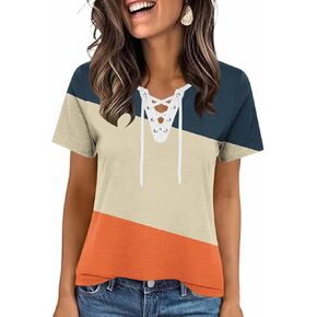Women Tops V Neck Lace Up Summer Tshirts Trendy Casual Cozy Short Sleeve Blouses Criss Cross V-Neck Shirt in Kuwait