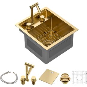 Sarlai بالوعة في الهواء الطلق، 15x17 بوصة الذهب Undermount محطة بالوعة المطبخ مع شريط صنبور قابل للطي الإعدادية وعاء واحد الذهب أحواض المطبخ 16 قياس أحواض الشواء الفولاذ المقاوم للصدأ مع غطاء 15 "x17" x9" in Kuwait