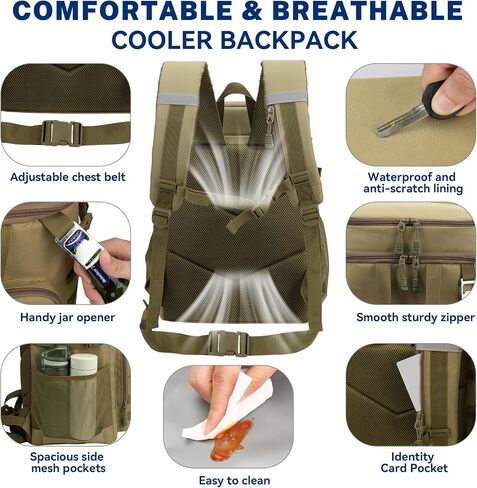 Pyrrhus 43L Cooler Backpack 45/55 Cans Insulated Leak Proof Tactical Backpack,2 Insulated Comaprtments Thermal Bag,Large Lunch Outdoor Backpack for Picnic, Beach, Work,Trip in Saudi Arabia