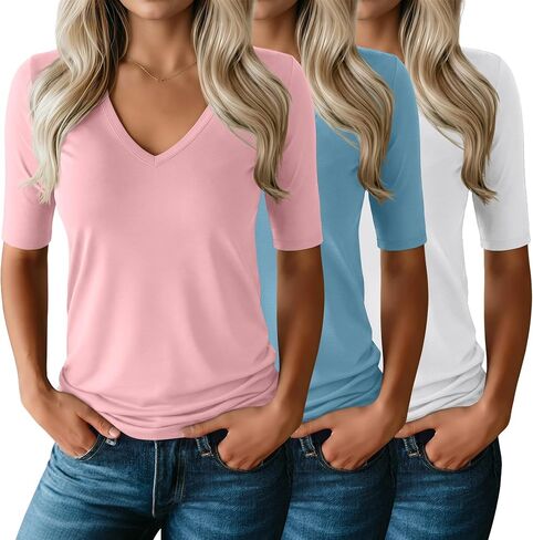 Ficerd 3 Pack Women's V Neck Half Sleeve Shirts | Comfortable Cotton Blend, Slim Streamlined, Suitable for Multiple Occasions, Easy to Dress Up or Down, Wardrobe Essential in Saudi Arabia