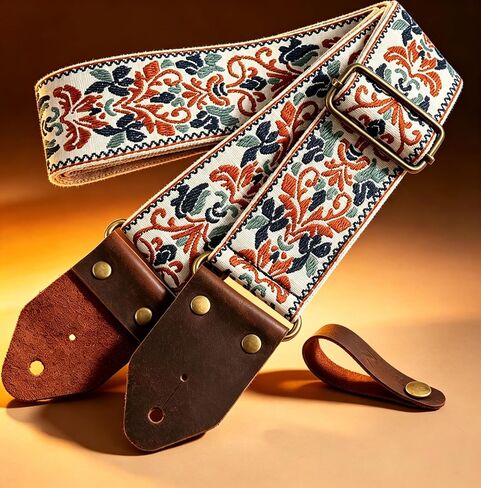 Guitar Strap for Electric Acoustic Bass, Jacquard Embroidery Cotton Guitar Straps with Crazy Horse Leather Ends, Adjustable 2" Wide Shoulder Strap with Pick Pocket, Best Gift for Guitarists in Kuwait