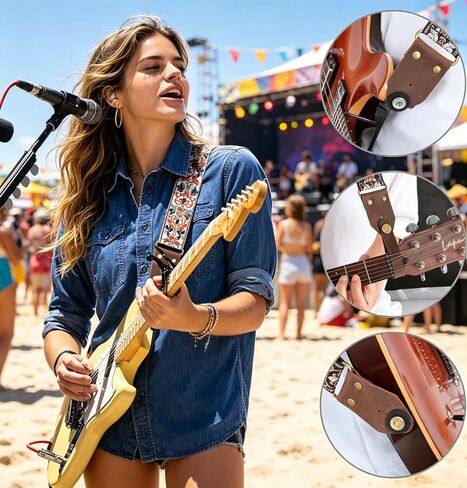 Guitar Strap for Electric Acoustic Bass, Jacquard Embroidery Cotton Guitar Straps with Crazy Horse Leather Ends, Adjustable 2" Wide Shoulder Strap with Pick Pocket, Best Gift for Guitarists in Kuwait