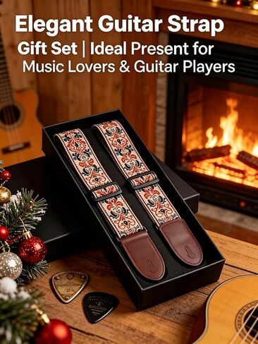 Guitar Strap for Electric Acoustic Bass, Jacquard Embroidery Cotton Guitar Straps with Crazy Horse Leather Ends, Adjustable 2" Wide Shoulder Strap with Pick Pocket, Best Gift for Guitarists in Kuwait